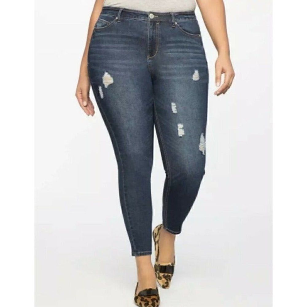 ELOQUII Women's Classic Fit Peach Lift Distressed Skinny Jean Dark Wash 22 NWT